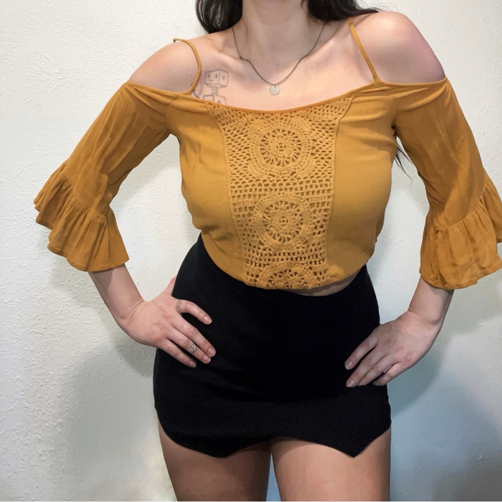 Mustard Cold-Shoulder Crochet Front Women's Top